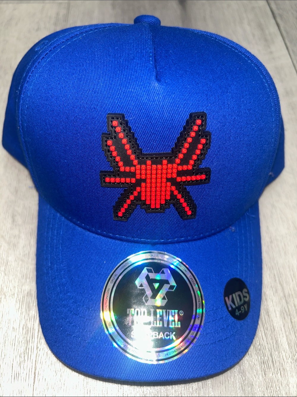 Blue Kids Snapback Hat with Red Pixel Spider Logo NWT